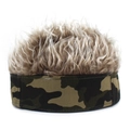 Detail of camouflage baseball cap with brown curly hair wig design on top - Landlord Style (MH 2062) / Black Camo with Coffee Hair
