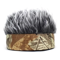 Detailed close-up of grey synthetic wig hair attached to a camouflage print headband - Landlord Style (MH 2062) / Leaf Pattern with Gray Hair