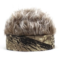 Detail of the camouflage headband and messy brown synthetic hair on this novelty wig cap - Landlord Style (MH 2062) / Leaf Pattern with Coffee Hair