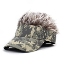 Detail of camouflage visor cap with realistic grey synthetic hair spikes on top - Baseball Cap (MH 2062) / Digital Green with Coffee Hair