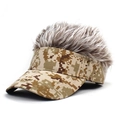 Macro view of novelty camouflage baseball cap with integrated messy brown synthetic hair - Baseball Cap (MH 2062) / Digital Khaki with Coffee Hair