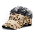 Detailed view of the desert digital camouflage pattern and silver wig on the sun visor hat - Digital Khaki with Gray Hair