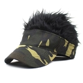 Detail view of camouflage visor cap featuring realistic spiky black hair wig topper - Baseball Cap (MH 2062) / Black Camo with Black Hair