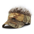 Macro detail of camouflage visor hat featuring realistic grey-brown synthetic wig hair - Baseball Cap (MH 2062) / Leaf Pattern with Coffee Hair