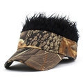 Close-up of camouflage sun visor hat with creative black faux hair wig extension - Baseball Cap (MH 2062) / Leaf Pattern with Black Hair