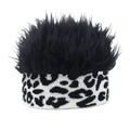Detail of the leopard print knitted headband with fluffy black synthetic hair extensions - Adjustable / Leopard+Black