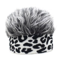 Detail of grey fluffy faux wig top with black and white leopard knit headband base - Adjustable / Leopard + Gray