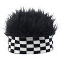 Detail of checkered knit band and spiky black faux hair fibers on this fun wig hat - Adjustable / Checkered + Black