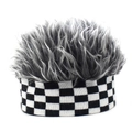 Detail of flair hair visor featuring silver faux hair and checkered knit headband - Adjustable / Checkered + Gray