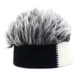 Detailed close-up of novelty beanie with grey faux hair wig and knit texture - Adjustable / Black White Patch + Gray