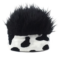 Detail of the knit headband featuring black faux fur wig top and cow print pattern - Adjustable / Cow Print + Black