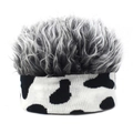 Detail of cow print knit headband with fluffy grey synthetic hair for costumes - Adjustable / Cow Print + Gray