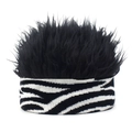 Detail of the black synthetic wig hair and zebra print knit headband for party fun - Adjustable / Diagonal Zebra + Black