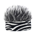 Detail of creative knit headband with zebra pattern and long faux fur grey hair decoration - Adjustable / Diagonal Zebra + Gray