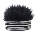 Detail of creative knit headband with black synthetic wig spikes and striped base - Adjustable / Straight Zebra + Black