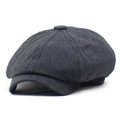 Detailed view of dark grey cotton newsboy cap featuring eight-panel stitching and top button - M / Black
