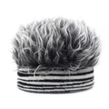 Detailed view of the fuzzy faux fur top and striped knit band on the winter wig hat - Adjustable / Straight Zebra + Gray
