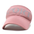 Detail of pink knitted visor with SPORT text showing breathable mesh fabric and curved brim - Pink