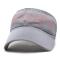 Detail of grey knitted open top sun hat with pink SPORT letter embroidery and breathable mesh - Gray