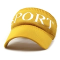 Detail view of bright yellow knitted sun visor cap with white SPORT letter embroidery - Yellow