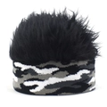 Detail of black faux hair wig hat with a gray and white camouflage pattern headband - Adjustable / White Camo + Black