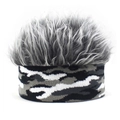 Detailed view of the camouflage knit hat with realistic grey synthetic wig hair - Adjustable / White Camo + Gray