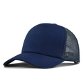 Detailed side view of navy blue mesh trucker hat with canvas front and curved brim - Navy Blue
