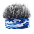 Detail of knit camouflage headband with fluffy grey synthetic hair wig top for parties - Adjustable / Blue Camo + Gray