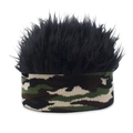 Detail view of the camouflage headband base with thick black synthetic hair fibers - Adjustable / Green Camo + Black