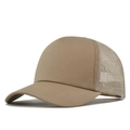 Close-up of khaki trucker hat showing breathable mesh and cotton canvas texture - Khaki