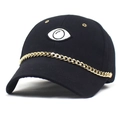 Black cotton baseball cap with embroidered eye patch and golden metal chain accent - M (56-58cm) / Black