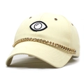 Detail of trendy beige cotton baseball cap with eye embroidery and golden chain decor - M (56-58cm) / Beige