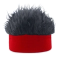 Close-up of red knit base with dense black faux hair texture for funny novelty hat - Red + Black