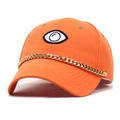 Detail of orange cotton baseball cap featuring large eye embroidery and gold chain link decoration - M (56-58cm) / Orange