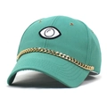 Detail of teal baseball cap with golden chain and large eye embroidery on front - M / Green