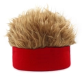 Close-up of fluffy light brown synthetic hair texture on a red knitted sports headband - Red And Brown