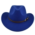 Helderblauwe cowboyhoed van vilt met gevlochten leren band en zilveren gesp - M (56-58cm) / Blauw