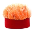 Detailed view of elastic red knit headband with vibrant orange fluffy wig top - Red And Orange