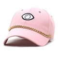 Close-up of pink baseball cap featuring eye embroidery and chunky gold metal chain detail - M (56-58cm) / Pink