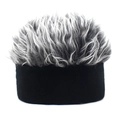 Detailed close-up of a black knit beanie with grey faux hair spikes for outdoor parties - Black and Grey