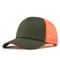 Side view of army green cotton baseball cap with bright orange breathable mesh back - Cl799-9 Green + Orange / Adjustable