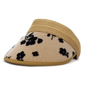 Damen Strohhut mit elegantem schwarzen Blumenmuster und breiter Krempe für den Sommer - M(56-58cm) / Khaki