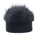Detail of creative black wig knit hat featuring synthetic fiber hair and elastic band - Black + Black