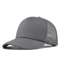 Detail view of the breathable mesh back and gray fabric panels on this trucker cap - Gray