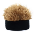 Detail of creative knit beanie featuring vibrant golden synthetic wig hair for parties - Black and Brown