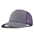 Detail of grey front panel and purple breathable mesh on two-tone trucker cap - Grey & Purple
