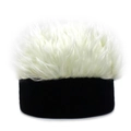 Detailed view of women's knitted hat featuring creative white faux fur top and black trim - Black+Beige
