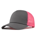 Detail of grey and pink mesh trucker hat showing reinforced stitching on the brim - Gray And Rose Red