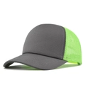 Detailed close-up of dark grey cotton fabric and neon green breathable mesh on truck hat - Gray And Fluorescent Green