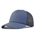 Classic navy blue mesh trucker hat with solid front panel and curved brim for unisex wear - Blue Grey